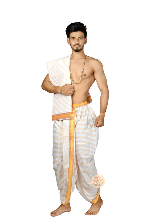 Dhruv – White Dhoti-Dupatta Set (SELF LINING)
